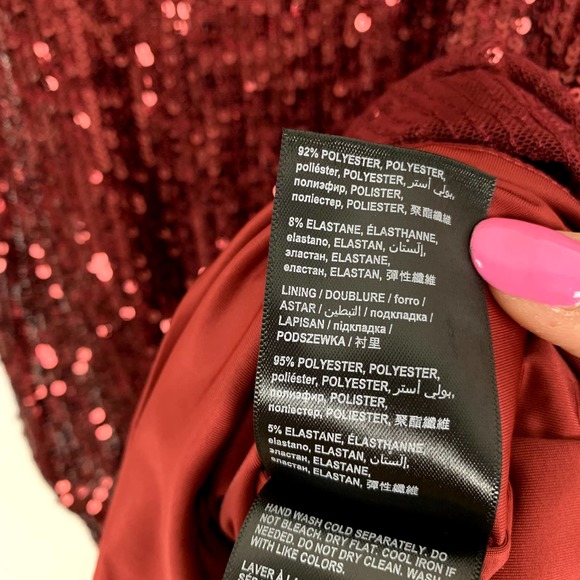 Bebe Red Sequin Long Sleeve Cowl Back Midi Dress - Picture 8 of 8